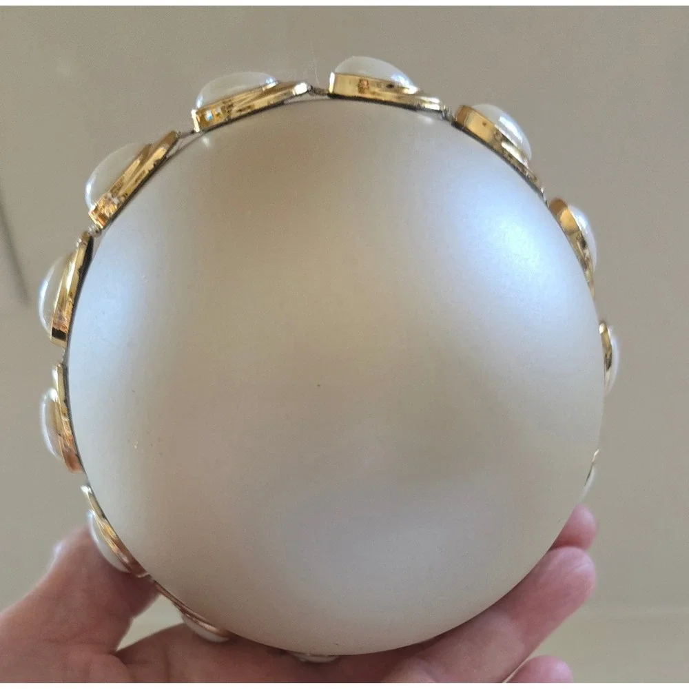 New Kurt Adler Cream Glass Ball Christmas Ornament Gold Faux Pearl Belt